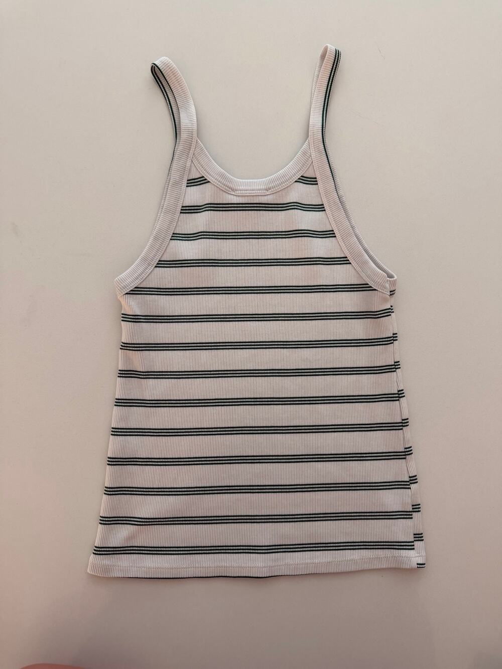 Zara Ribbed Tank Top - White with Green Stripes - Size L